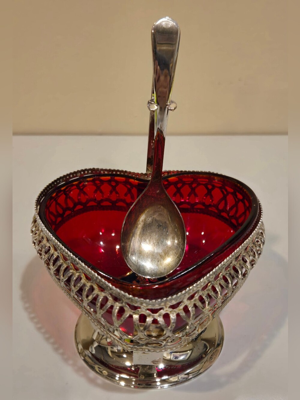 Vintage Brama Crystal Red Glass Heart Dish with Silver Spoon